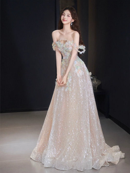Custom Off-Shoulder Appliques Prom Dress Inspiration Sequins A-Line Formal Dress AP7071