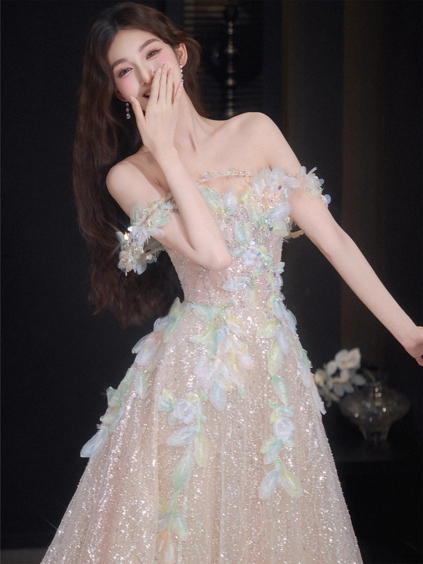 Custom Off-Shoulder Appliques Prom Dress Inspiration Sequins A-Line Formal Dress AP7071