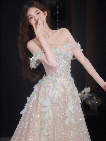Custom Off-Shoulder Appliques Prom Dress Inspiration Sequins A-Line Formal Dress AP7071