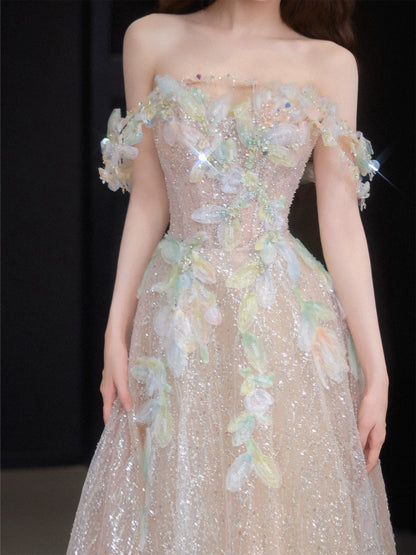 Custom Off-Shoulder Appliques Prom Dress Inspiration Sequins A-Line Formal Dress AP7071