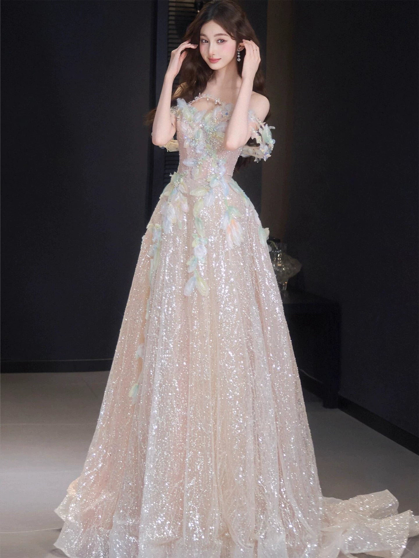 Custom Off-Shoulder Appliques Prom Dress Inspiration Sequins A-Line Formal Dress AP7071