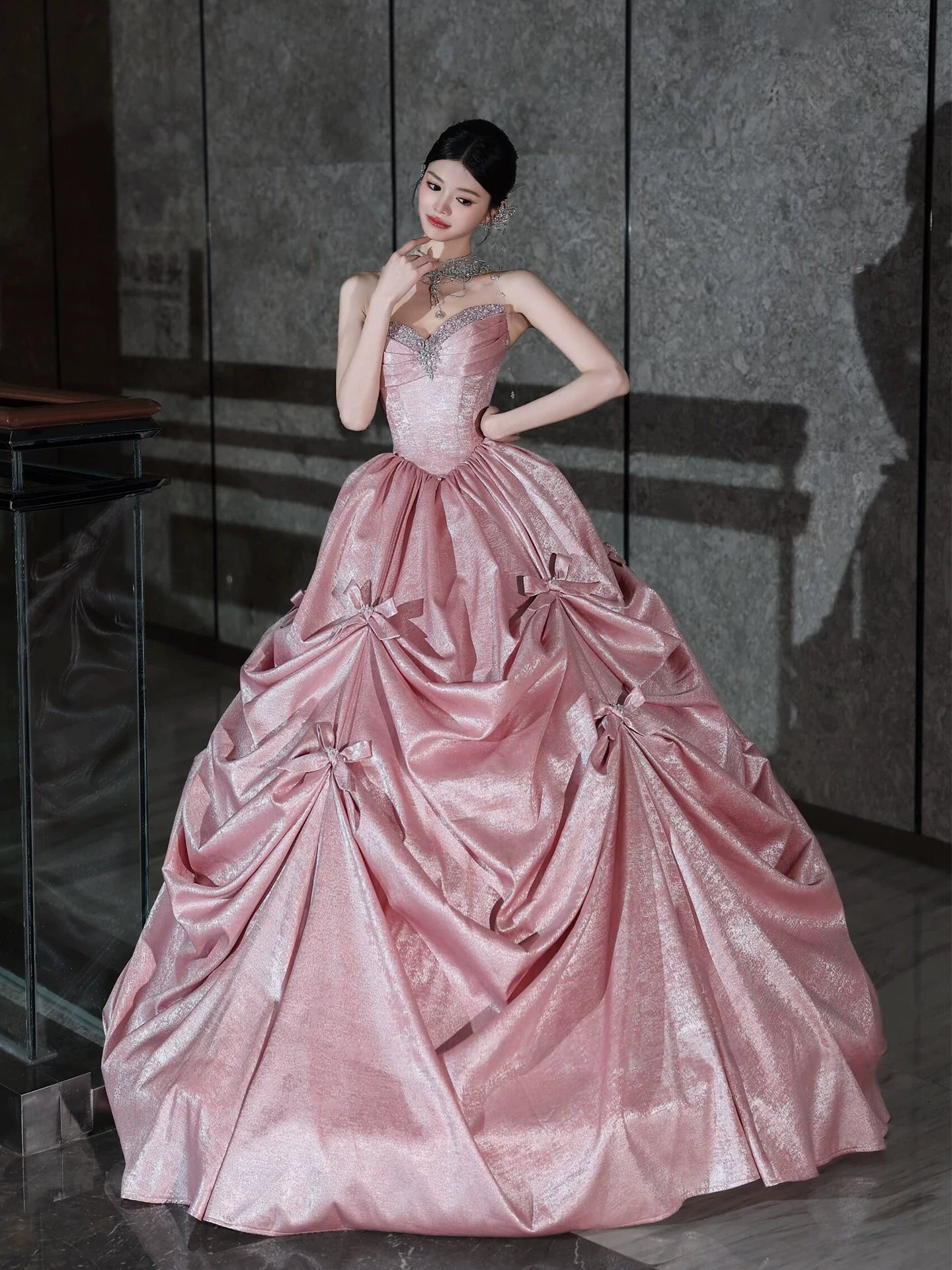 Romantic Strapless Pink Prom Dress Bow Beading A-Line Formal Dress AP7072
