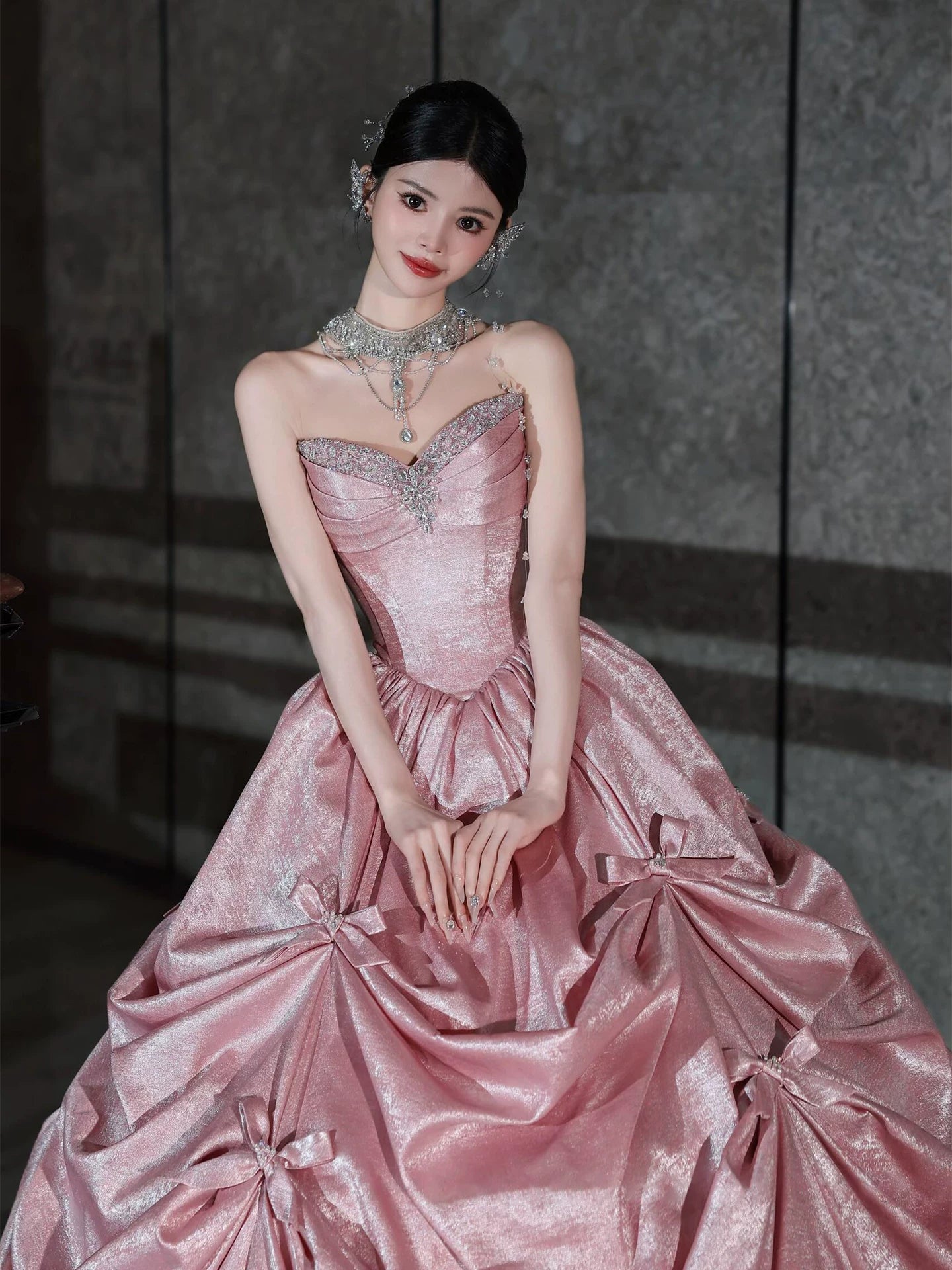 Romantic Strapless Pink Prom Dress Bow Beading A-Line Formal Dress AP7072