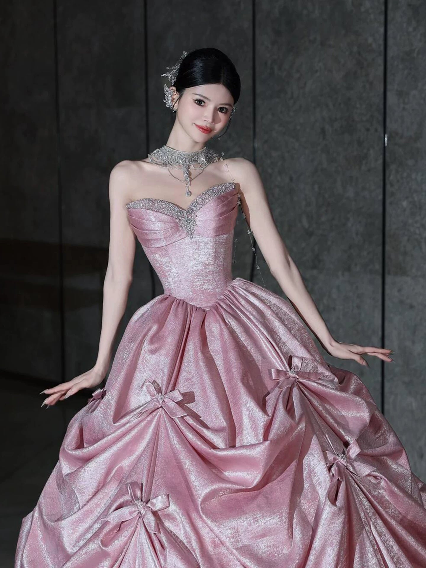 Romantic Strapless Pink Prom Dress Bow Beading A-Line Formal Dress AP7072