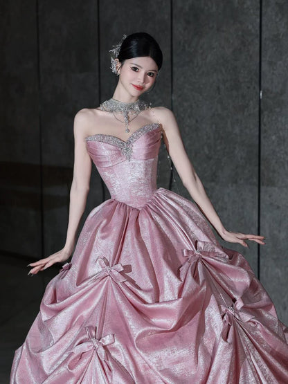 Romantic Strapless Pink Prom Dress Bow Beading A-Line Formal Dress AP7072