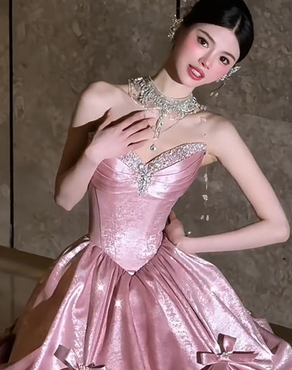 Romantic Strapless Pink Prom Dress Bow Beading A-Line Formal Dress AP7072