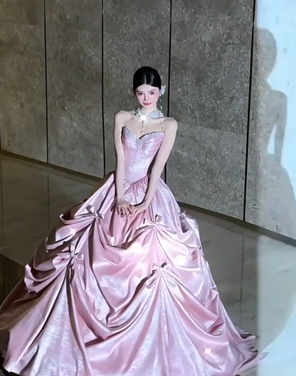 Romantic Strapless Pink Prom Dress Bow Beading A-Line Formal Dress AP7072