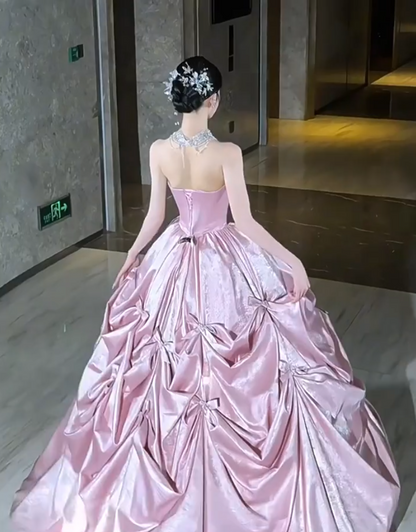 Romantic Strapless Pink Prom Dress Bow Beading A-Line Formal Dress AP7072