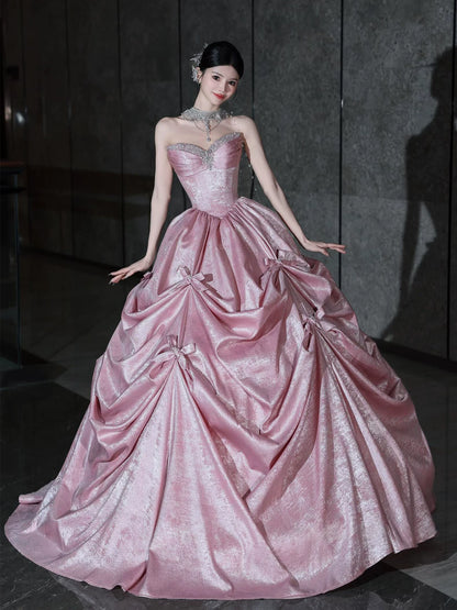 Romantic Strapless Pink Prom Dress Bow Beading A-Line Formal Dress AP7072