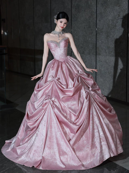 Romantic Strapless Pink Prom Dress Bow Beading A-Line Formal Dress AP7072