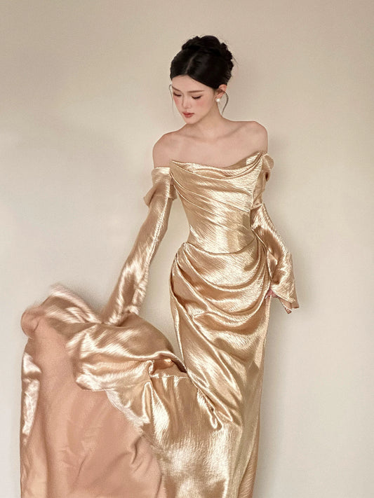 Ornate Off-Shoulder Gold Prom Dress Long Sleeve Satin Mermaid Formal Dress AP7073