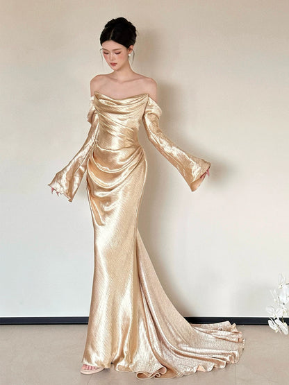 Ornate Off-Shoulder Gold Prom Dress Long Sleeve Satin Mermaid Formal Dress AP7073