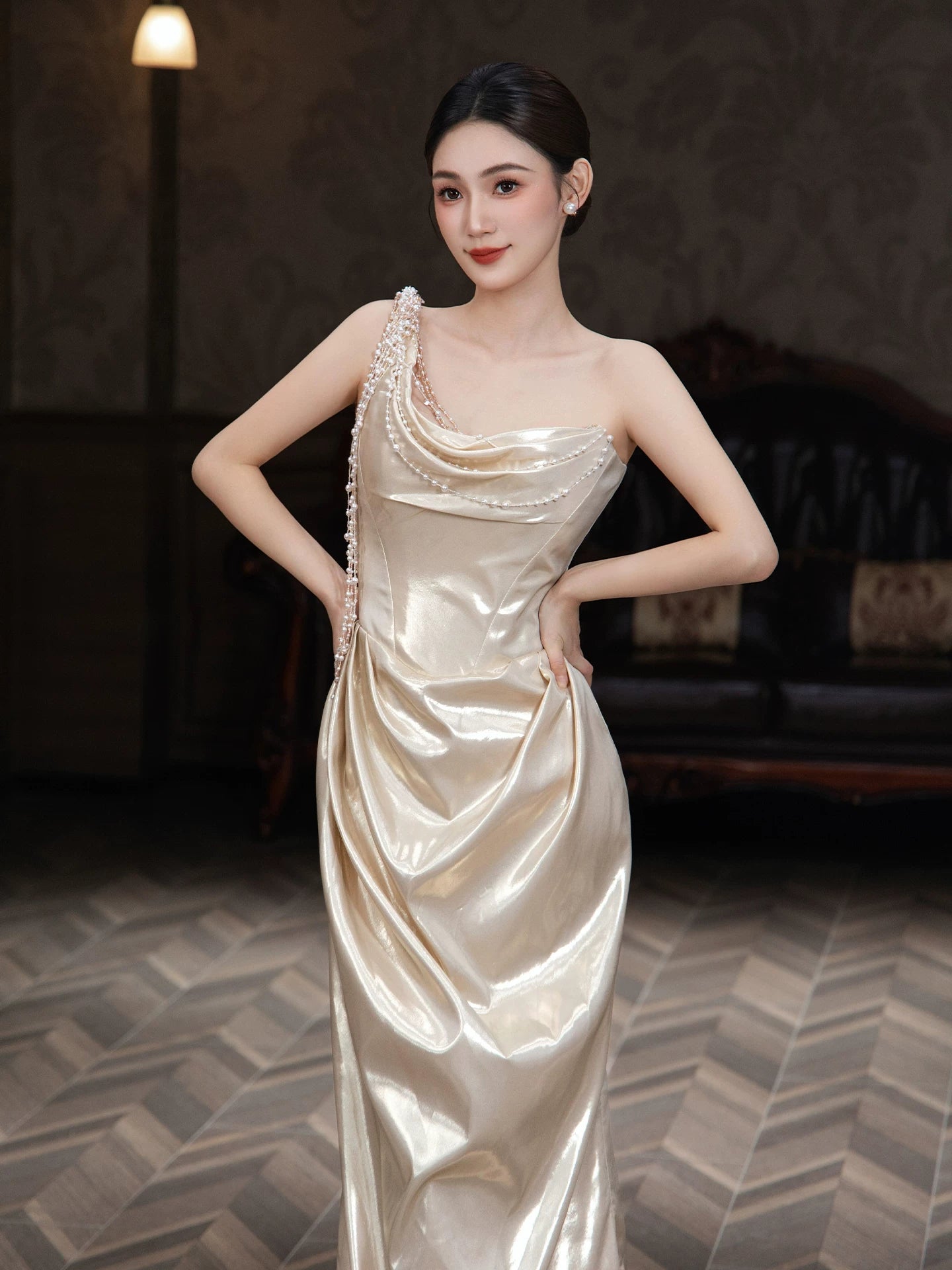 Fabulous One Shoulder Satin Prom Dress Beading Sheath Evening Dress AP7074