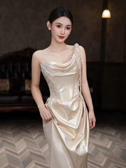Fabulous One Shoulder Satin Prom Dress Beading Sheath Evening Dress AP7074