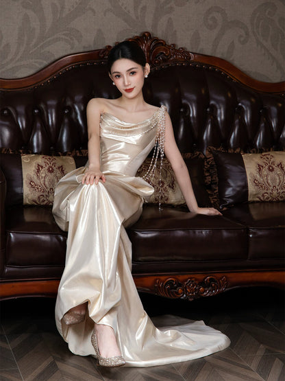 Fabulous One Shoulder Satin Prom Dress Beading Sheath Evening Dress AP7074