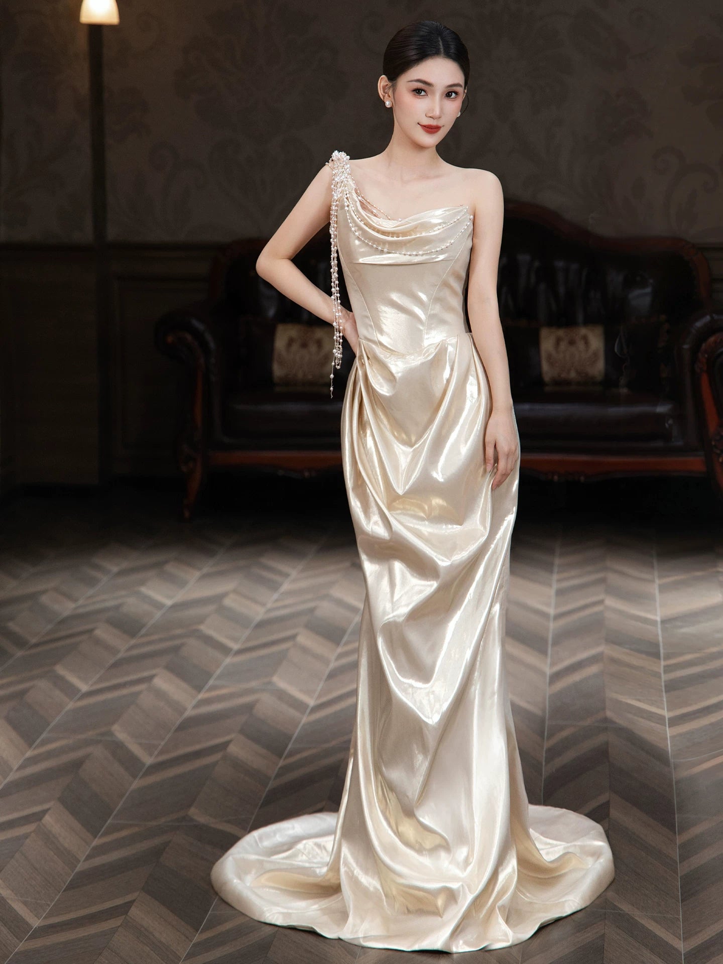 Fabulous One Shoulder Satin Prom Dress Beading Sheath Evening Dress AP7074