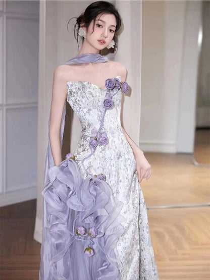 Chic Strapless Handmade Flowers Prom Dress With Scarf Purple Appliques A-Line Formal Dress AP7075