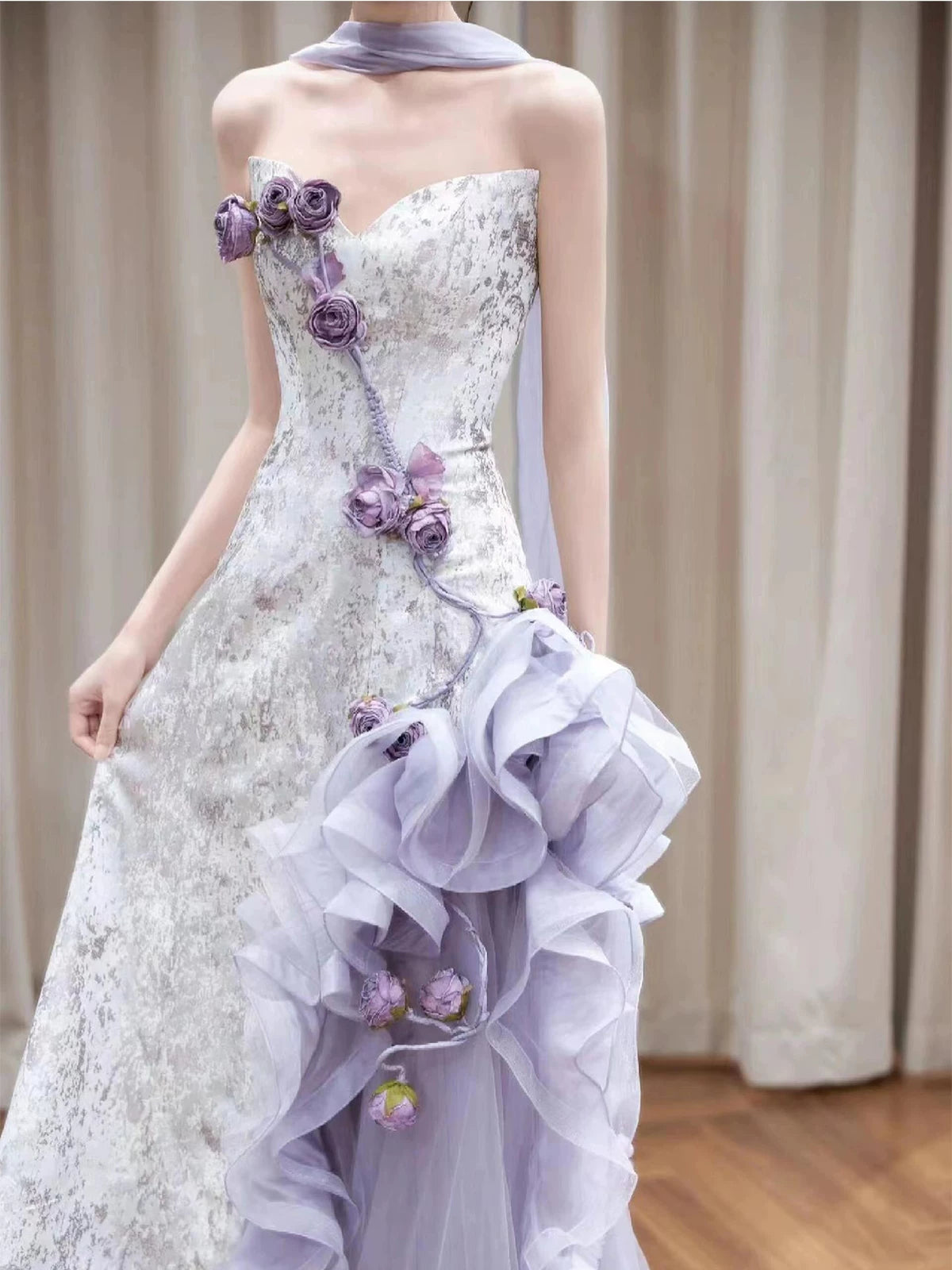 Chic Strapless Handmade Flowers Prom Dress With Scarf Purple Appliques A-Line Formal Dress AP7075