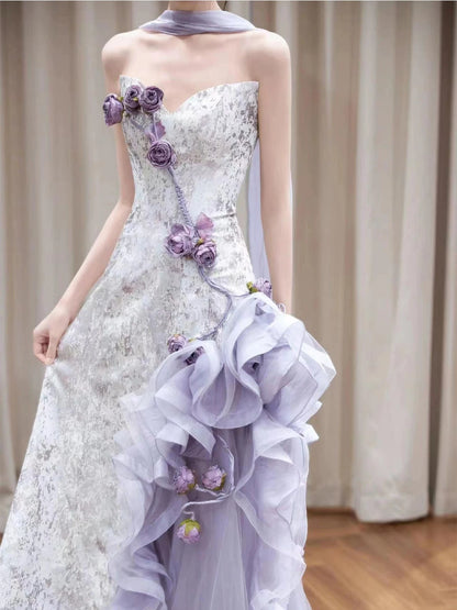 Chic Strapless Handmade Flowers Prom Dress With Scarf Purple Appliques A-Line Formal Dress AP7075