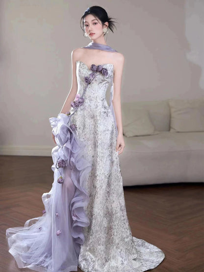 Chic Strapless Handmade Flowers Prom Dress With Scarf Purple Appliques A-Line Formal Dress AP7075