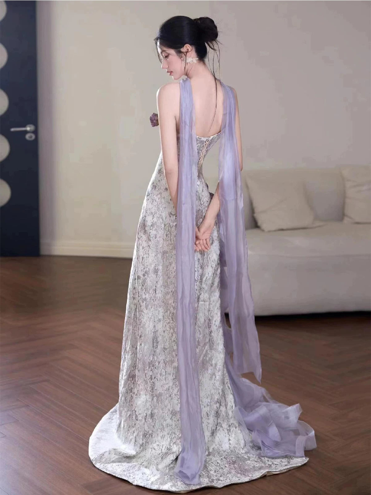 Chic Strapless Handmade Flowers Prom Dress With Scarf Purple Appliques A-Line Formal Dress AP7075