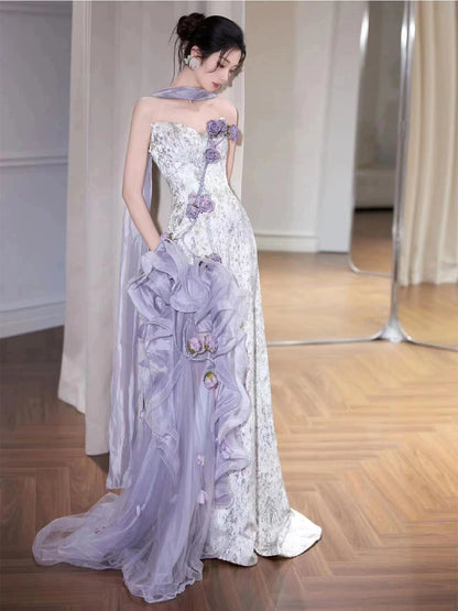 Chic Strapless Handmade Flowers Prom Dress With Scarf Purple Appliques A-Line Formal Dress AP7075