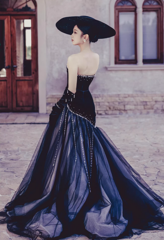 Luxurious Strapless Black Mermaid Prom Dress Beads Tulle Formal Dress AP7076