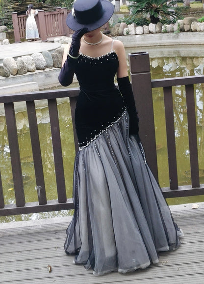 Luxurious Strapless Black Mermaid Prom Dress Beads Tulle Formal Dress AP7076