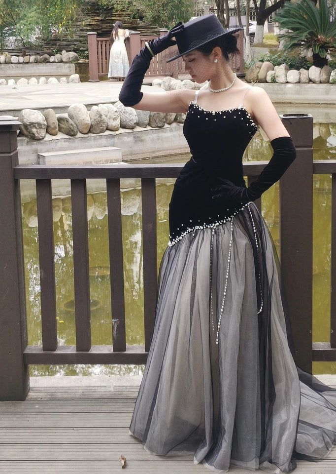 Luxurious Strapless Black Mermaid Prom Dress Beads Tulle Formal Dress AP7076