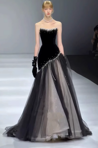 Luxurious Strapless Black Mermaid Prom Dress Beads Tulle Formal Dress AP7076