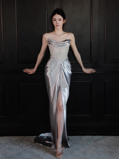 Luxury Strapless Silver Prom Dress Sequins Sheath Slit Evening Dress AP7077