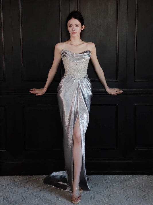 Luxury Strapless Silver Prom Dress Sequins Sheath Slit Evening Dress AP7077