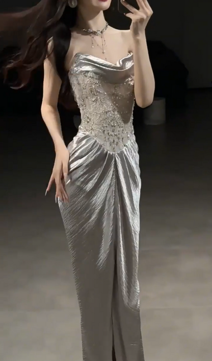 Luxury Strapless Silver Prom Dress Sequins Sheath Slit Evening Dress AP7077