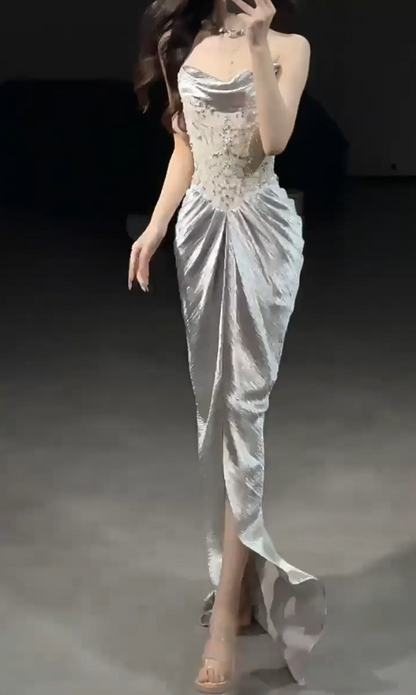 Luxury Strapless Silver Prom Dress Sequins Sheath Slit Evening Dress AP7077