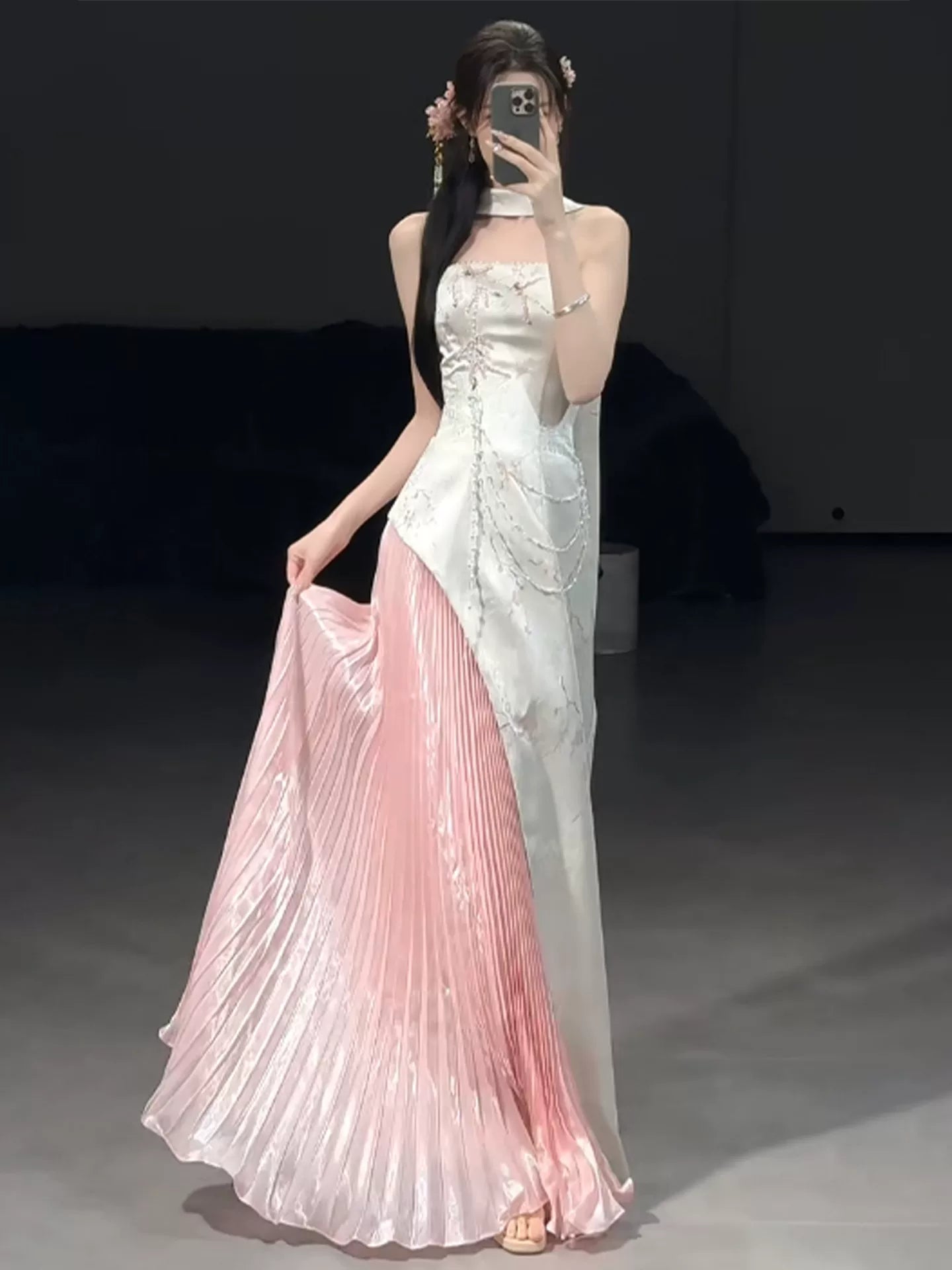 Graceful Strapless Pleated Pink Prom Dress Jacquard Beading Sequins A-Line Evening Dress AP7078