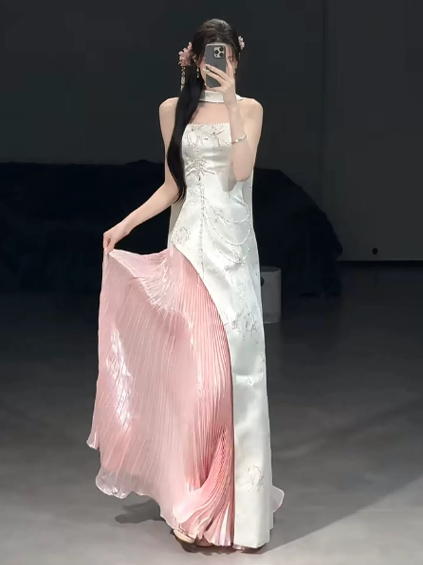Graceful Strapless Pleated Pink Prom Dress Jacquard Beading Sequins A-Line Evening Dress AP7078