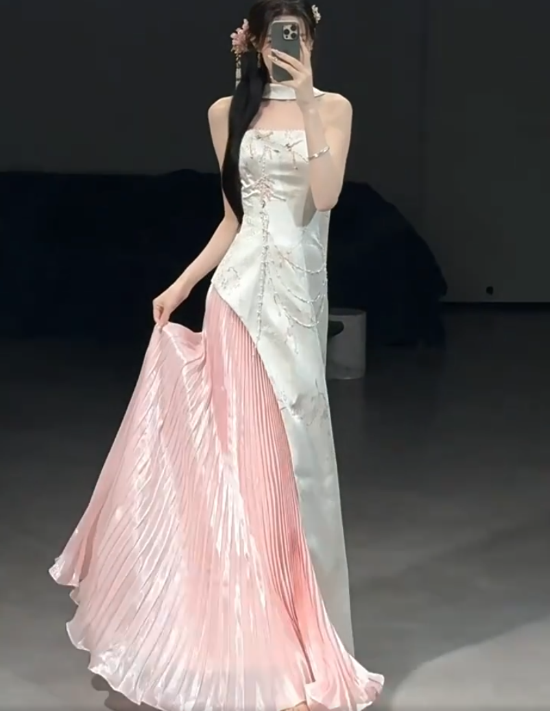 Graceful Strapless Pleated Pink Prom Dress Jacquard Beading Sequins A-Line Evening Dress AP7078