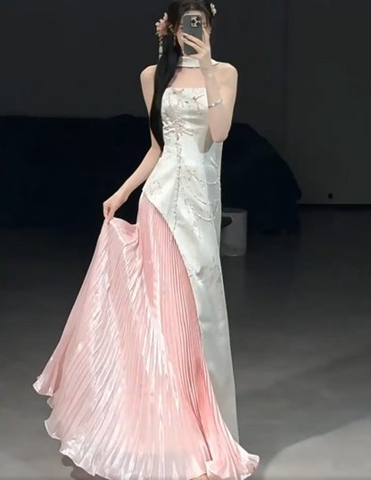 Graceful Strapless Pleated Pink Prom Dress Jacquard Beading Sequins A-Line Evening Dress AP7078