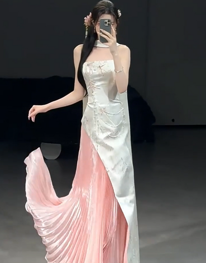 Graceful Strapless Pleated Pink Prom Dress Jacquard Beading Sequins A-Line Evening Dress AP7078