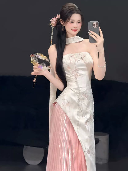 Graceful Strapless Pleated Pink Prom Dress Jacquard Beading Sequins A-Line Evening Dress AP7078