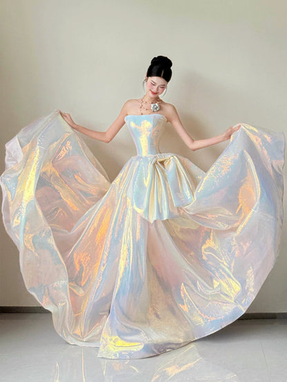 Lustrous Strapless Slit Prom Dress Bow A-Line Satin Evening Dress AP7079