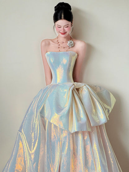 Lustrous Strapless Slit Prom Dress Bow A-Line Satin Evening Dress AP7079