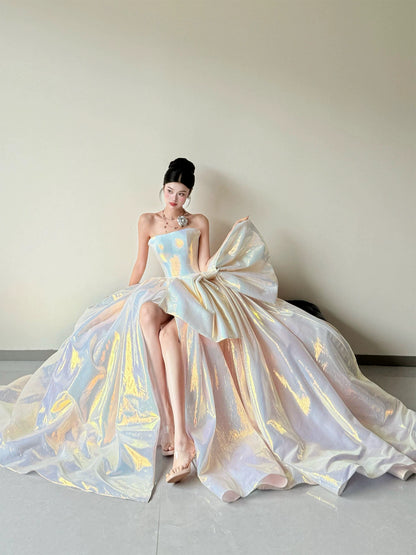 Lustrous Strapless Slit Prom Dress Bow A-Line Satin Evening Dress AP7079