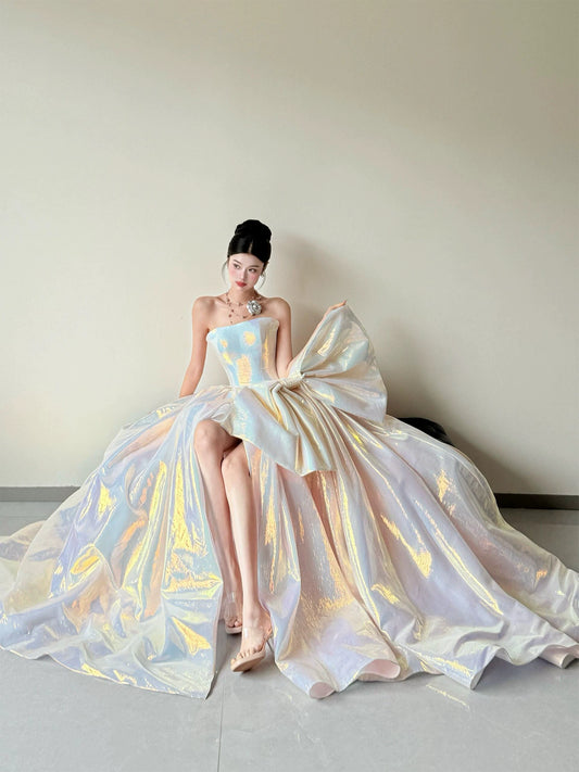 Lustrous Strapless Slit Prom Dress Bow A-Line Satin Evening Dress AP7079