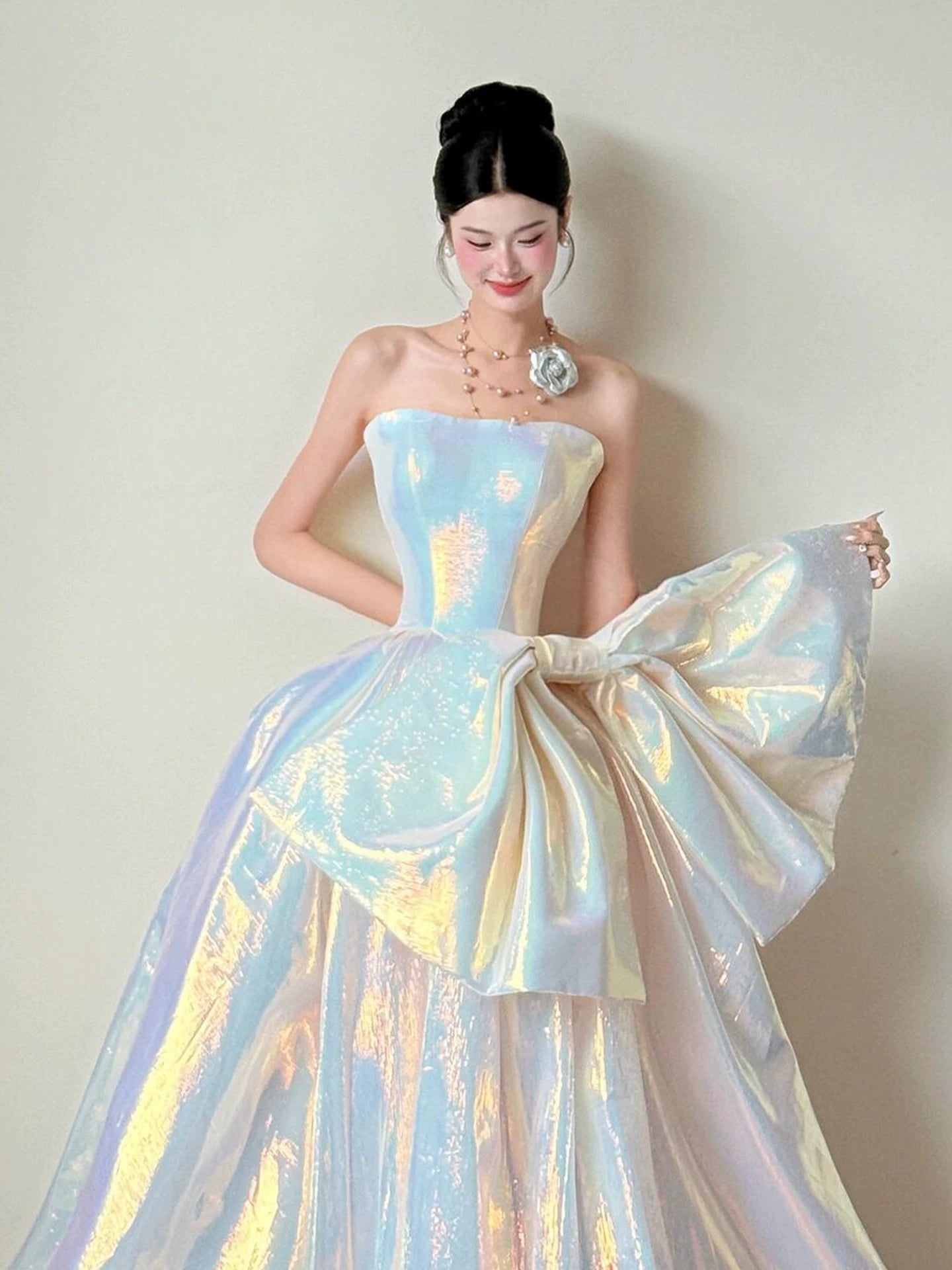 Lustrous Strapless Slit Prom Dress Bow A-Line Satin Evening Dress AP7079