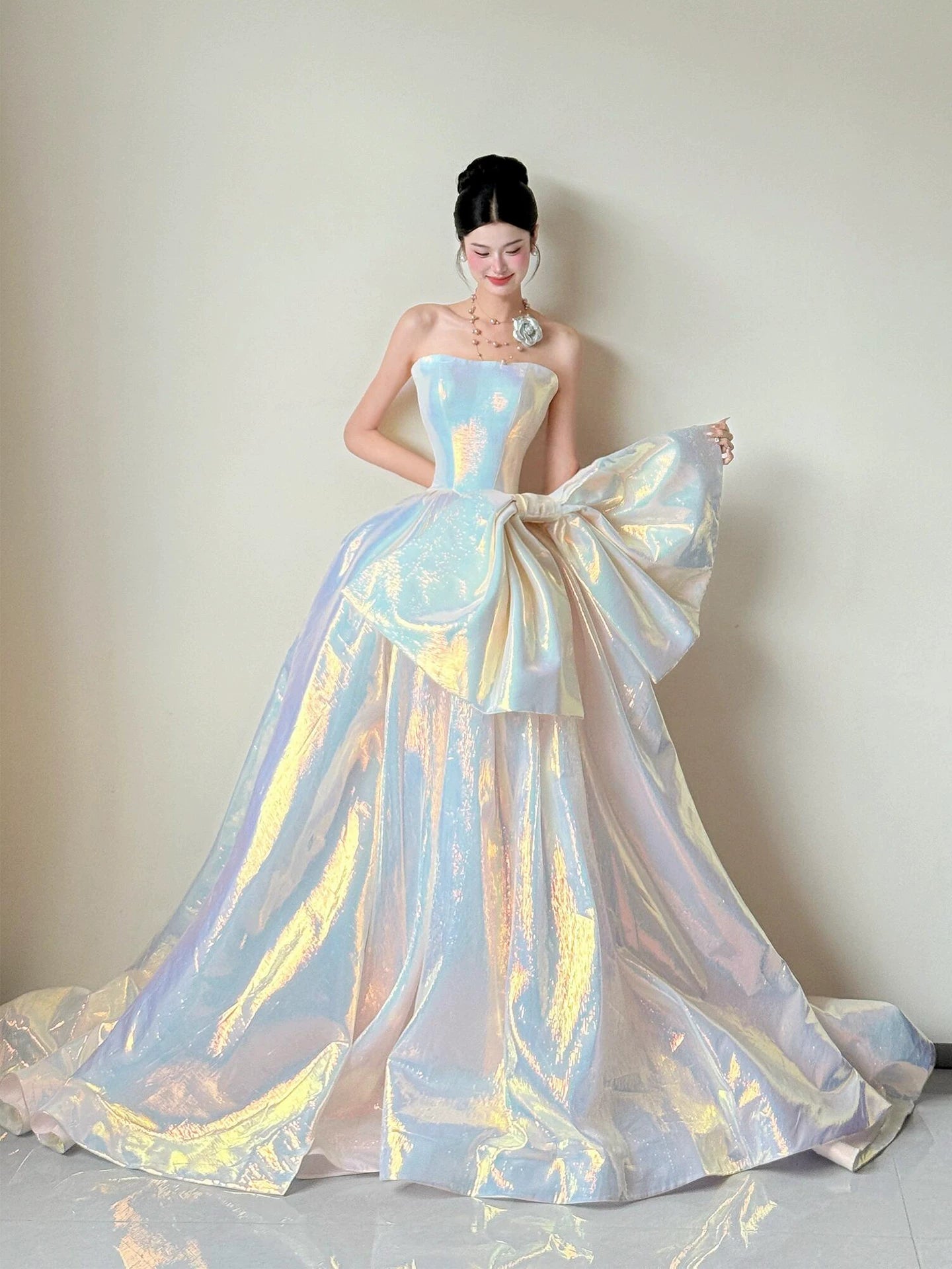 Lustrous Strapless Slit Prom Dress Bow A-Line Satin Evening Dress AP7079