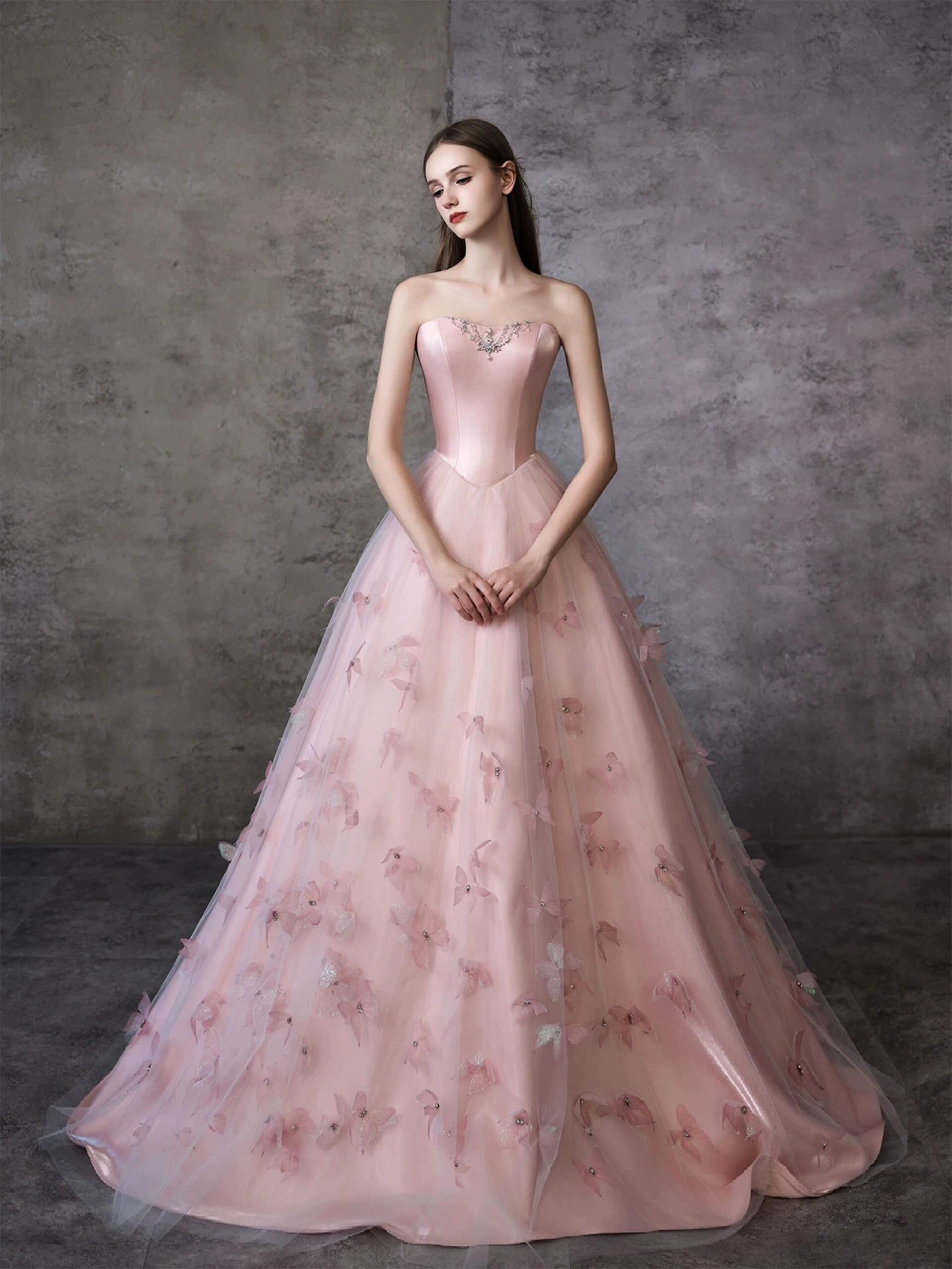Elegant Strapless Tulle Pink Prom Dress Appliques Beads A-Line Evening Dress AP7080
