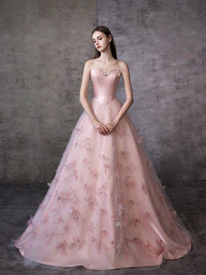 Elegant Strapless Tulle Pink Prom Dress Appliques Beads A-Line Evening Dress AP7080