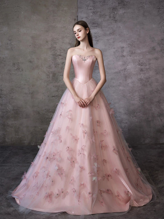 Elegant Strapless Tulle Pink Prom Dress Appliques Beads A-Line Evening Dress AP7080