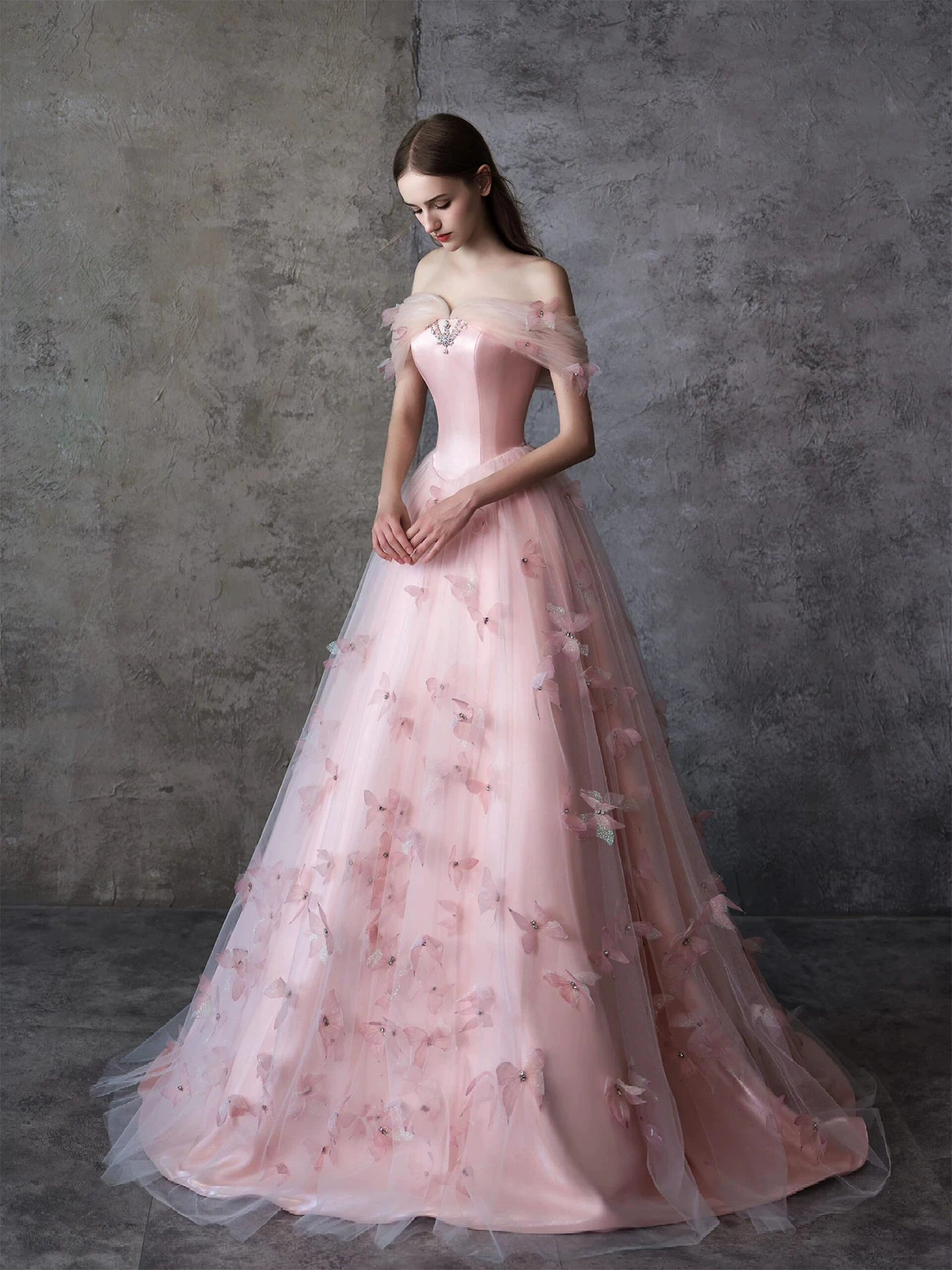 Elegant Strapless Tulle Pink Prom Dress Appliques Beads A-Line Evening Dress AP7080